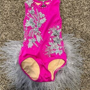 Pink and Silver Embellished Leotard with Feather Details